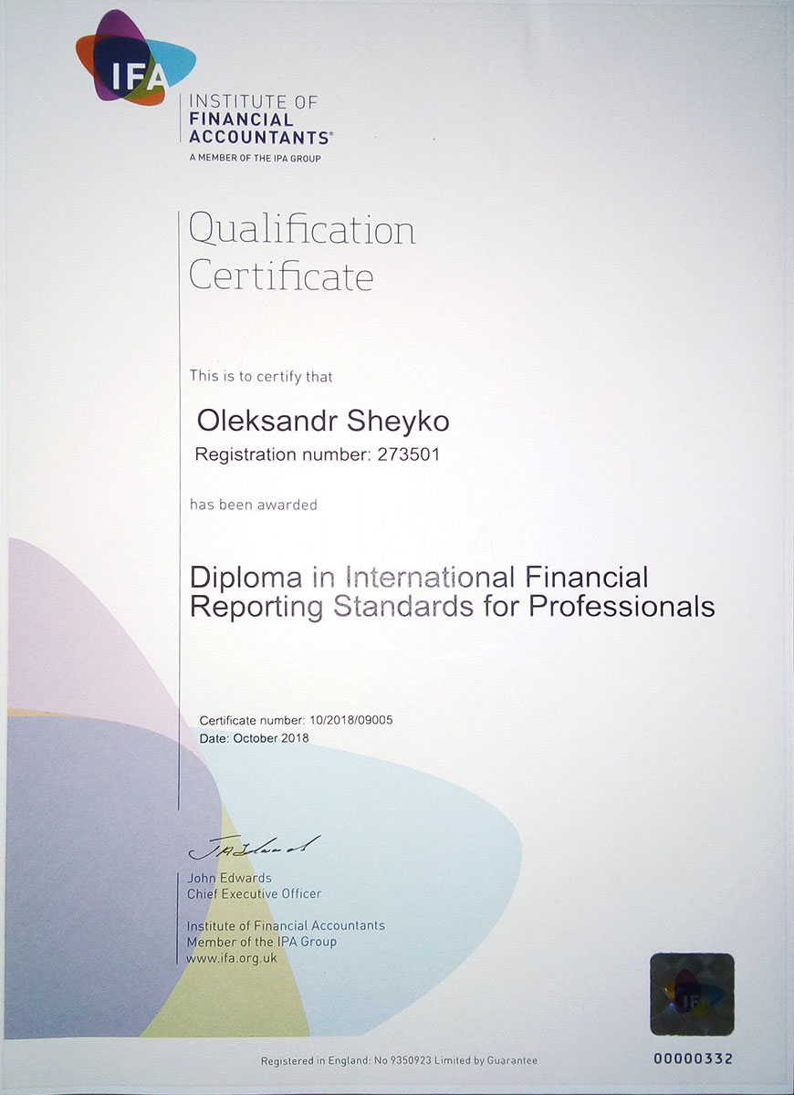 Кваліфікаційний сертифікат № 273501 IFA
